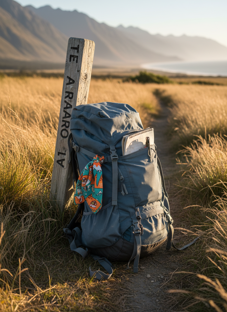 A single, dusty-blue hiking backpack leaning against a sun-faded trail marker post labeled “Te Araroa,” surrounded by golden tussock grass swaying in a light breeze. The pack’s straps are loosely buckled, with a crumpled paper notebook peeking from an outer pocket and a bright, playful bandana knotted to one side. Late afternoon golden-hour sunlight washes the scene in warm tones, casting long, whimsical shadows across the narrow dirt path that snakes into the distance. Captured in photographic realism at eye level using the rule of thirds, with a softly blurred mountain range and distant coastline in the background, the mood is adventurous yet unhurried, evoking the sporadic, section-by-section nature of the journey.