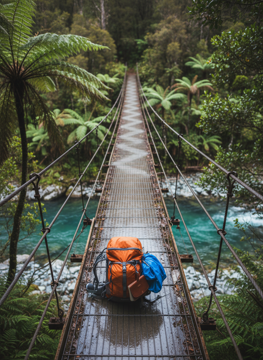 A narrow suspension footbridge deep in native New Zealand bush, its metal grating and cables slick from an earlier drizzle, stretching over a rocky, turquoise stream below. At the near end of the bridge sits a bright, compact hiking pack with a rolled-up rain jacket and a small notebook clipped to the side by a carabiner, its pages ruffled as if caught in countless sudden stops. Soft, overcast forest light filters through dense ponga and broadleaf canopy, casting intricate dappled patterns onto the bridge. Photographic realism from a slightly elevated perspective, with strong depth of field drawing the eye along the bridge’s playful zigzag lines, evoking a mix of nervous excitement and spontaneous detours characteristic of a piecemeal Te Araroa adventure.