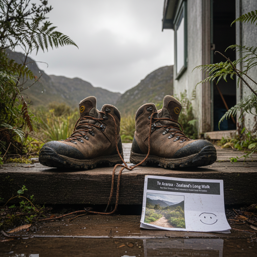 A pair of slightly muddied tramping boots resting outside a small, weather-beaten backcountry hut door, their laces loosely tangled together as if mid-story. Next to them lies a folded, dog-eared trail brochure with “Te Araroa” visible in bold letters and a tiny doodle of a smiley face in one corner. Overcast, diffused light from a moody sky softens the colors and reflects faintly in shallow puddles on the hut’s wooden step. Photographic realism, captured from a low-angle close-up that makes the boots feel like the main characters, with the blurred outline of rugged hills and dripping fern fronds in the background, creating a playful yet honest atmosphere of tired satisfaction between sections of the trail.