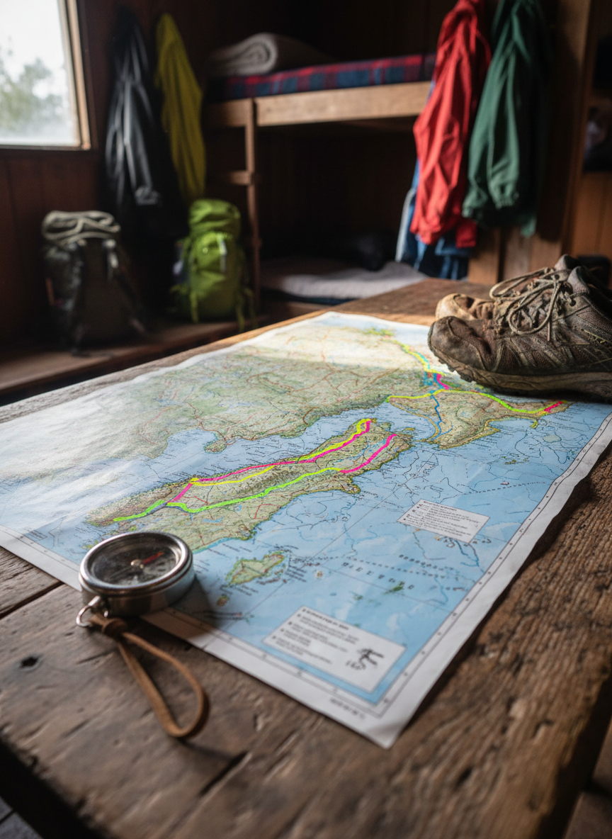 A well-worn topographic map of New Zealand’s North and South Islands spread across a rustic wooden hut table, with the entire length of the Te Araroa trail traced in bright, playful highlighter colors that loop and zigzag. A slightly scuffed stainless-steel compass and a pair of muddied trail runners rest on the corners to keep the map flat. Soft, diffused afternoon light filters in from an unseen hut window, creating gentle shadows and a cozy, contemplative mood. Photographic realism from a slightly elevated angle, with shallow depth of field that blurs the hut bunks and hanging rain jackets in the background, emphasizing the map as the central focus of this adventurous, light-hearted hiking journal scene.